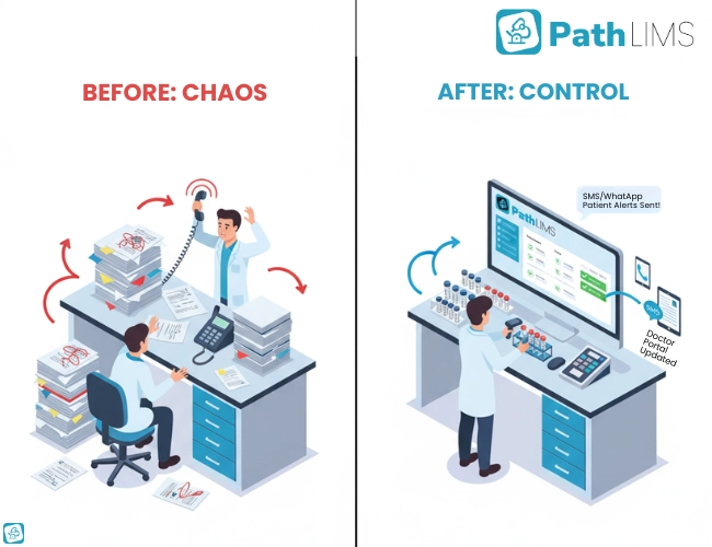 Before vs After flow of lab operations with PathLIMS